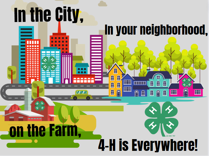 Image of 2023 state winning poster by Richard Shank, which shows a car moving between city, neighborhood, and farm, with the words "In the city, in your neighborhood, on the farm, 4-H is everywhere!"