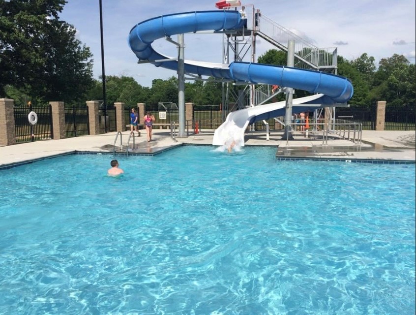 the camp swimming pool and water slide