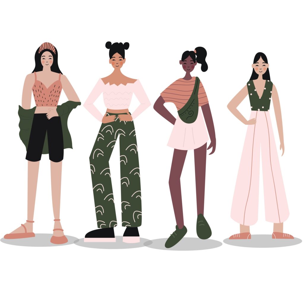 Drawing of 4 people modeling clothing
