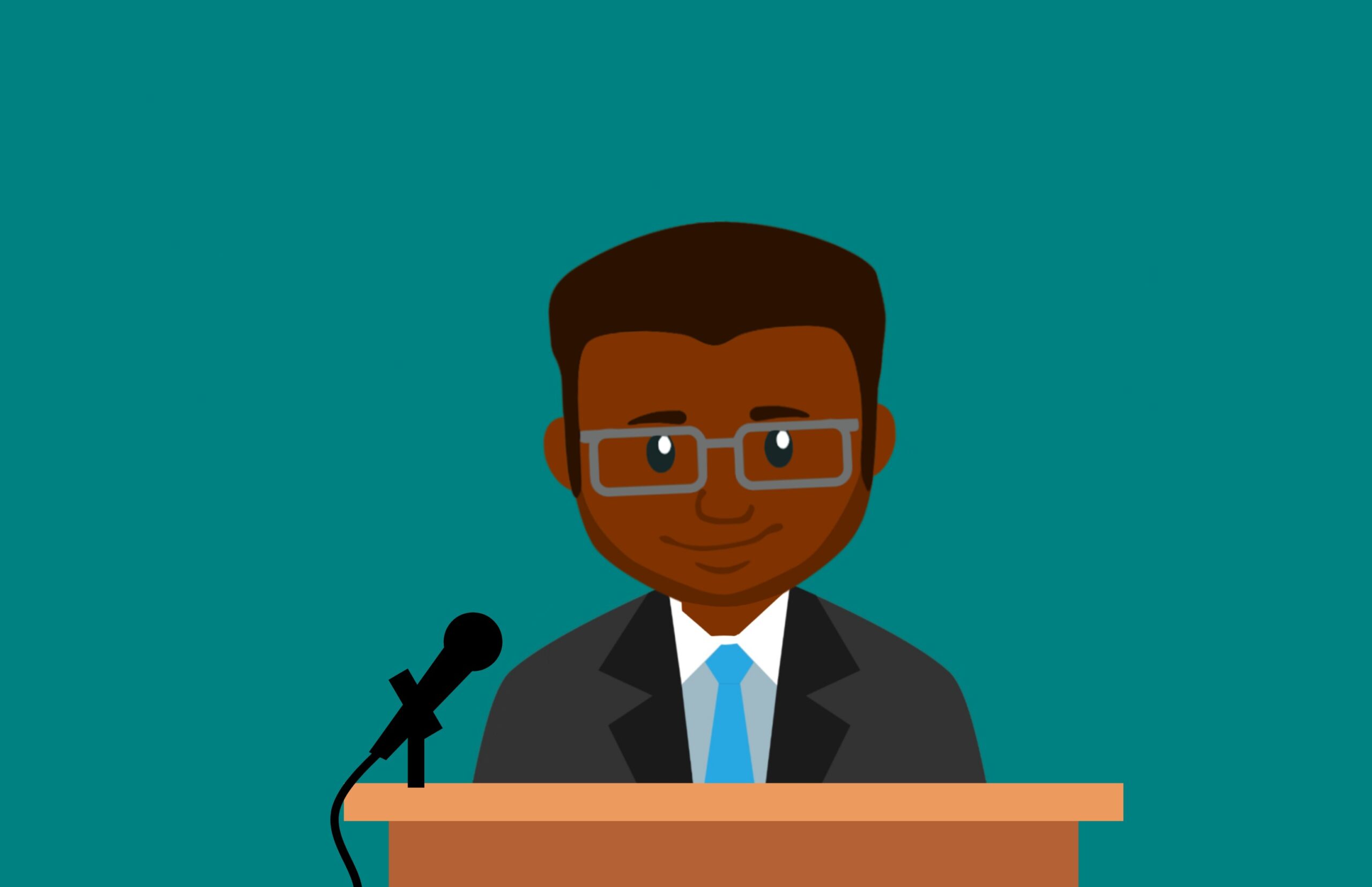 Character of man standing at a microphone
